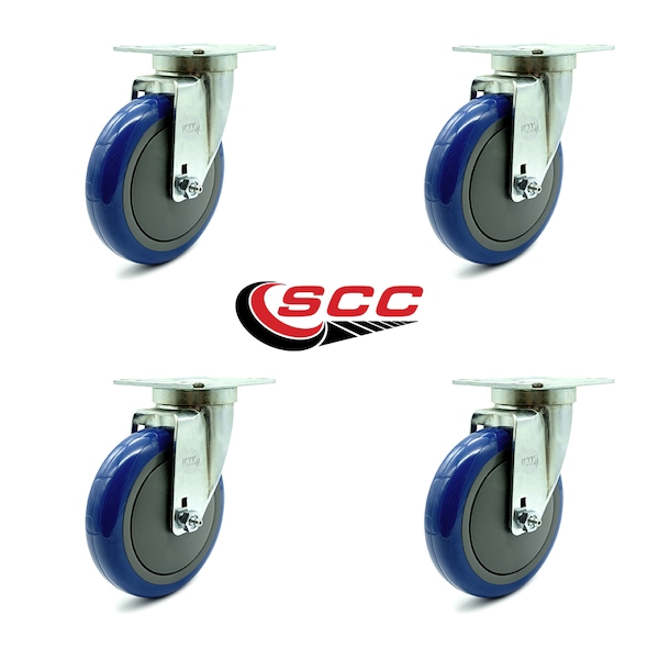 Universal Kitchen Casters - 5" Blue Poly Wheel - 4 Swivel